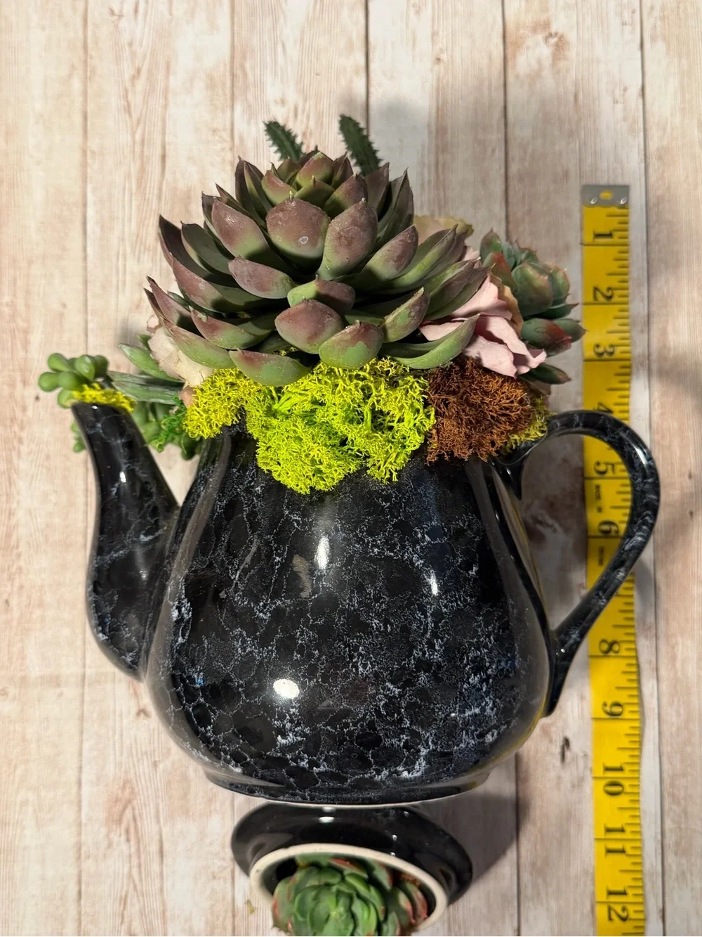 Black Ceramic Teapot Planter with Pink-Green Faux Succulent Arrangement